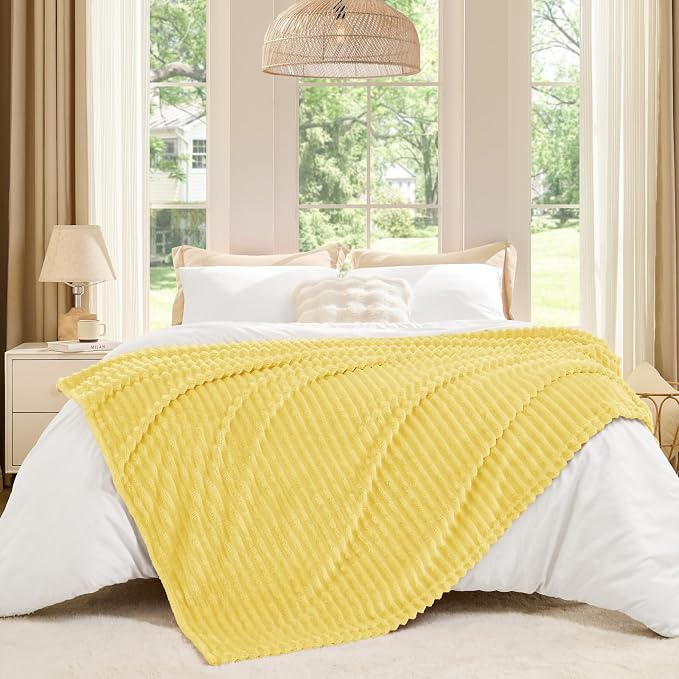 BEDELITE 3D Ribbed Light Yellow Fleece Throw Blanket - Image 6