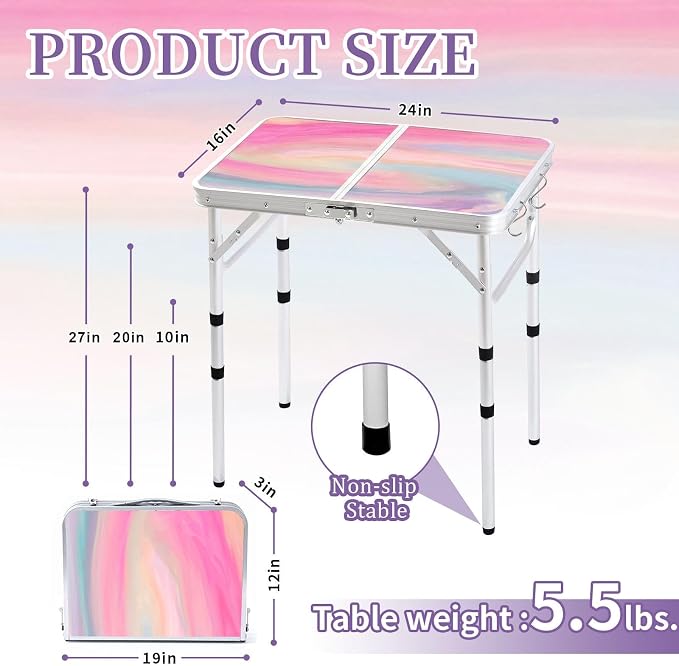 Yriuat Folding Camping Table 2ft Portable Picnic Table Adjustable Height Small - Image 3