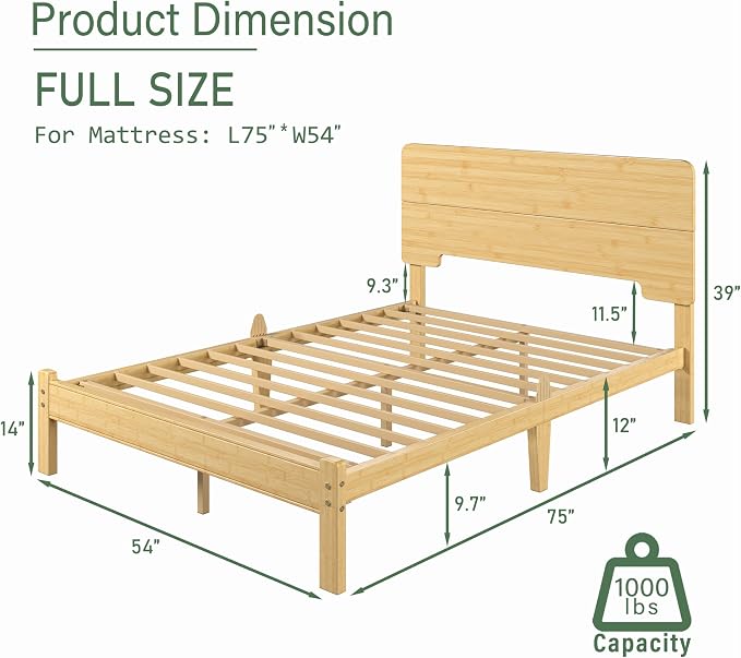 BOSRII 12in High Solid Bamboo Wood Platform Full Size Bed Frame - Image 2