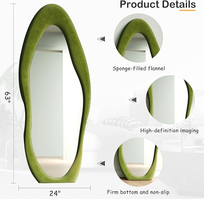 Honyee Full Length Mirror, Flannel Wrapped Wooden Frame Floor Mirror, Irregular - Image 5