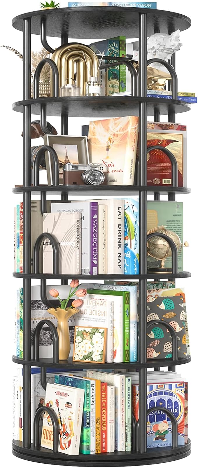 Aheaplus 5 Tier Rotating Bookshelf Tower, 360 Display Spinning Bookcase by Aheaplus