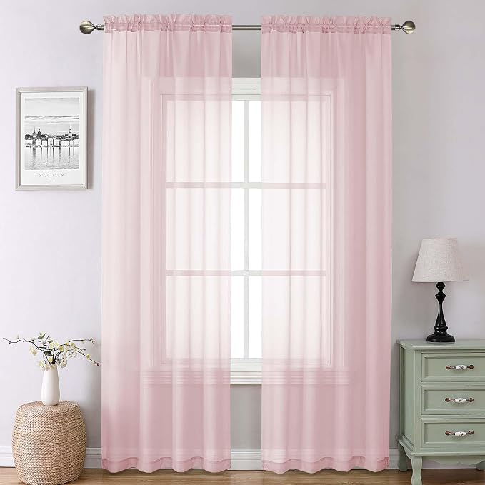 Blush Pink Sheer Curtains 90 Inches Long 2 Panels, Modern Airy Voile Solid by Lecloud