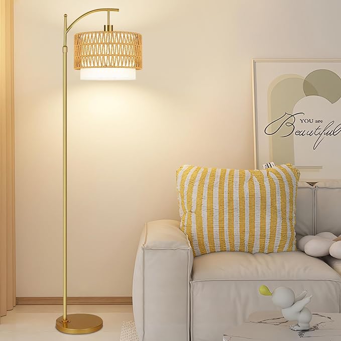 Gold Floor Lamps for Living Room Rattan Boho Floor Lamp - Image 7