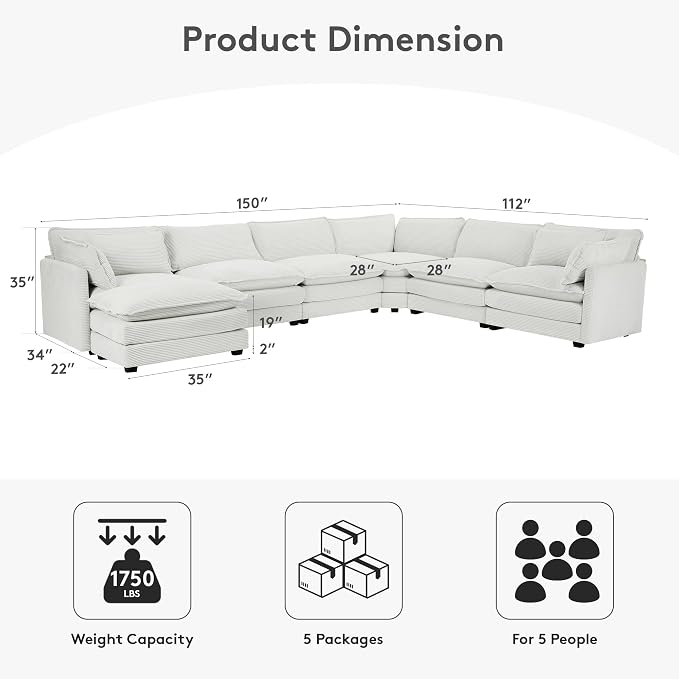 ROWHY 150'' Modular Sectional Corner Cloud Couch, 7 Seater Sofa Big Comfy - Image 2