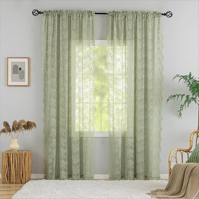 YJ YANJUN Vintage Lace Curtains 120 Inch Length-Victorian Floral Pattern Sage by YJYANJUN