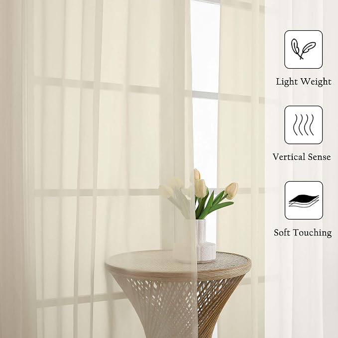 Cream Sheer Curtains for Bedroom 90 Inches Long 2 Pcs, Rod Pockets Window - Image 2