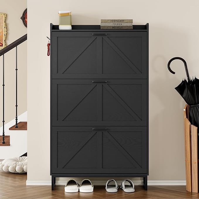 BORNOON Shoe Cabinet with 3 Flip Drawers Narrow Shoe Storage Cabinet Organizer - Image 4