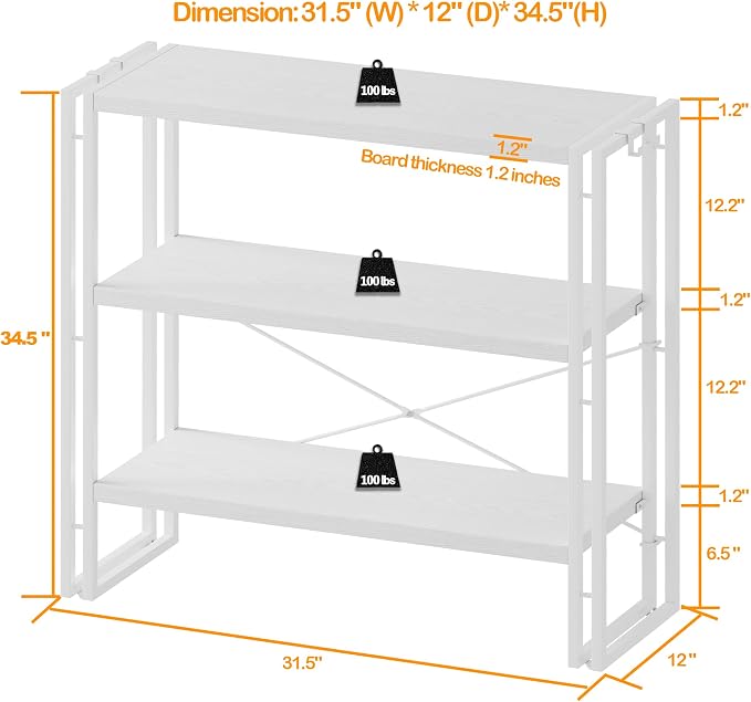 HCHQHS Bookshelf, 3-Tier Industrial Bookcase, Freestanding Horizontal - Image 3