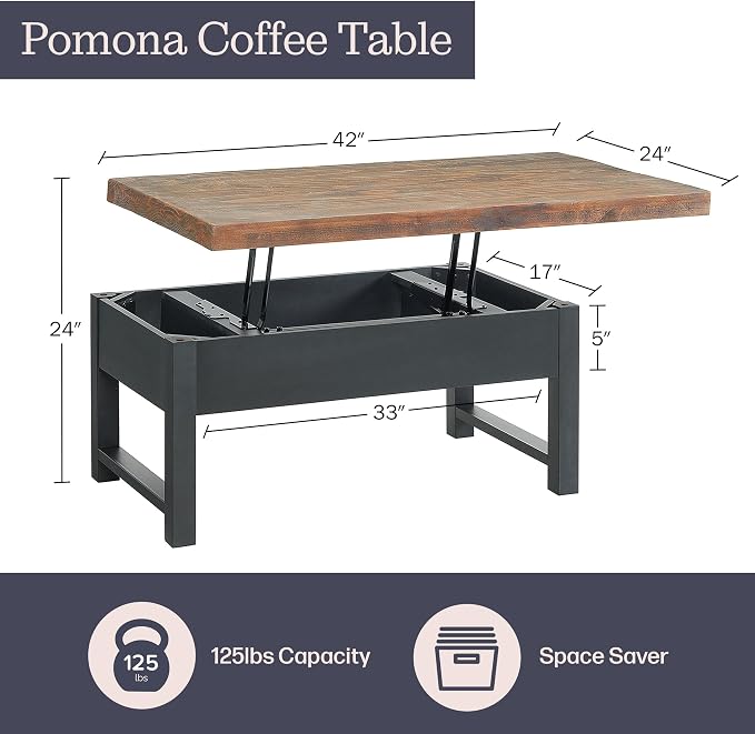 Alaterre Furniture Pomona Living Room 42 Inch Lift Top Solid Wood Coffee Table - Image 2