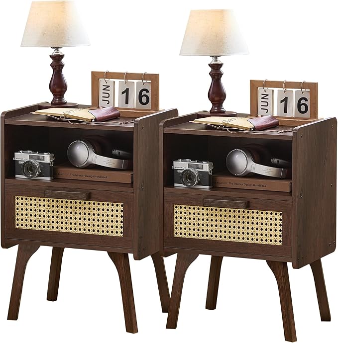 Lerliuo Rattan Nightstands Set of 2, Bedside Table by Lerliuo
