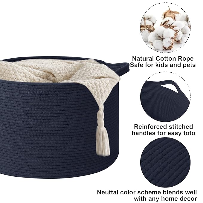 65L Large Blanket Basket, Woven Rope Laundry Basket Hamper - Image 3