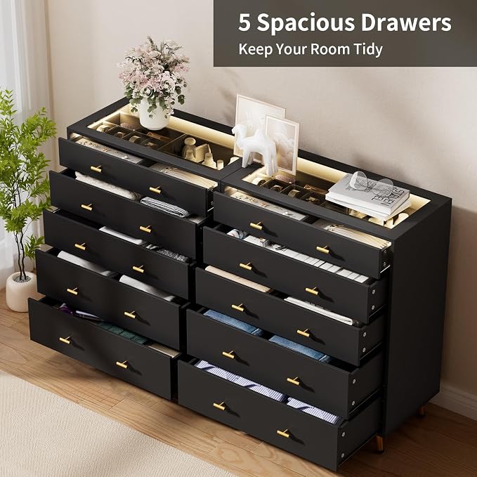 Drawer Dresser with LED Lights, 30.7" W x 39" H Tall Tempered Glass Top Dresser - Image 4