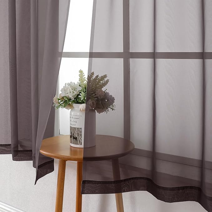 Sheer Curtains 63 Inch Length 2 Panels Set, Chocolate Window Curtains - Image 7