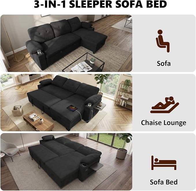 KCGKCG 93" L Shaped Sleeper Sofa Bed, Pull Out Sectional Couch - Image 4