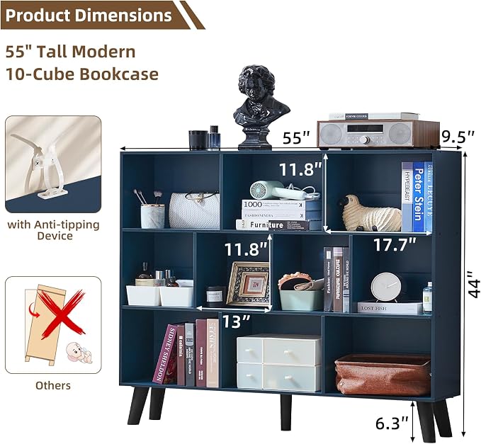 LEYAOYAO 10 Cube Bookshelf, 3 Tier Vintage 55" Wide Bookcase - Image 2