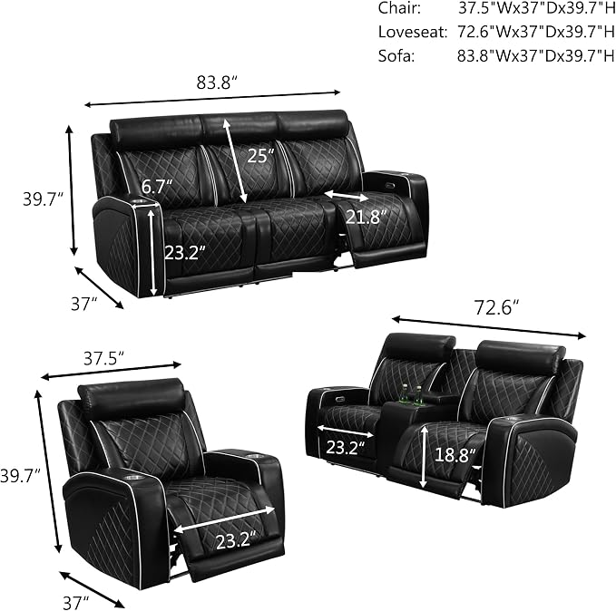 Power Recliner Sofa Set with LED, Breathable Leather Recliner Couch Loveseat - Image 2