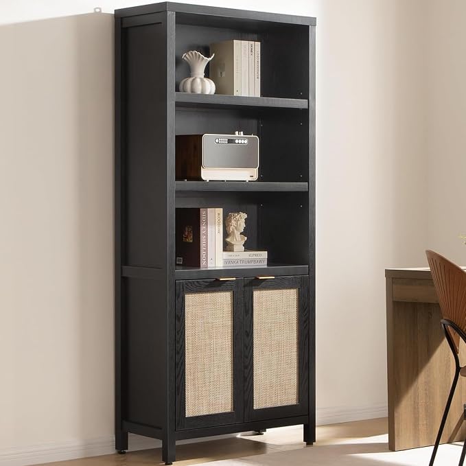 SICOTAS Bookcase 71" Tall Bookshelf 5 Tier Rattan Boho Bookcase by SICOTAS