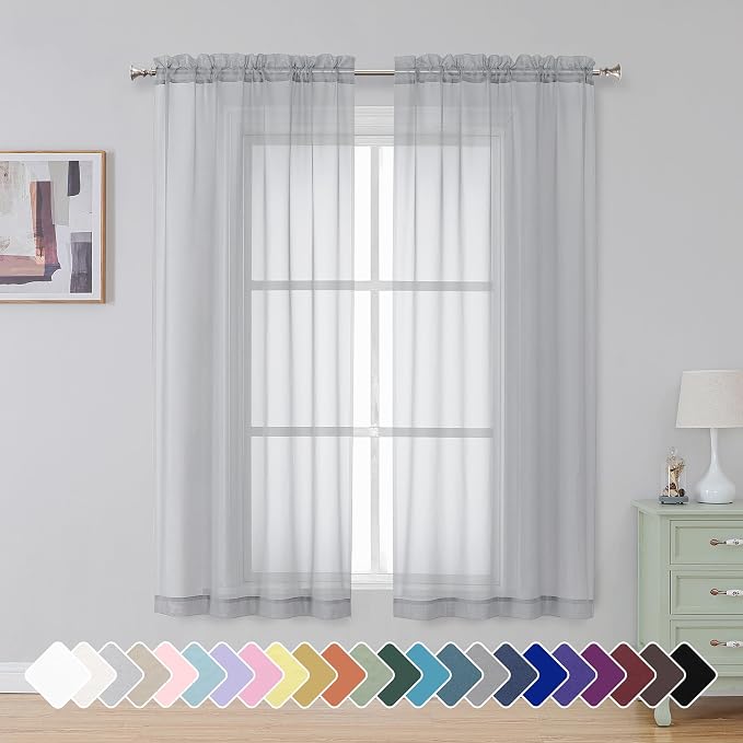 Simplebrand Light Grey Sheer Curtains 63 Inch Length 2 Panels, Rod Pocket Solid by Simplebrand