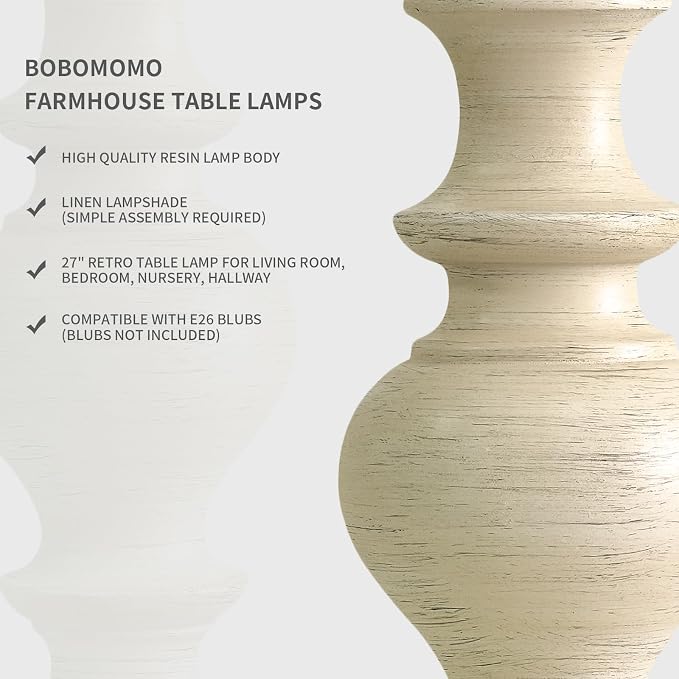 BOBOMOMO 27" Antique White Table Lamps Set of 2, Large Vintage Resin Lamps - Image 3