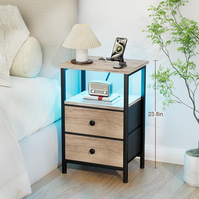 LOAKEKEL Night Stand with Charging Station and LED, Bedside Table with USB - Image 8