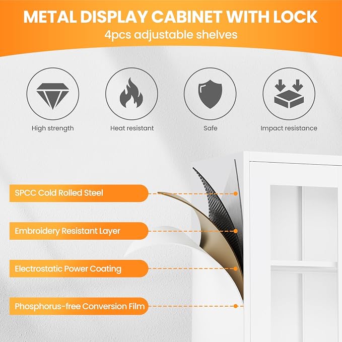 Locking Display Cabinet with Glass Door, 71”H Metal Curio Cabinets with - Image 6