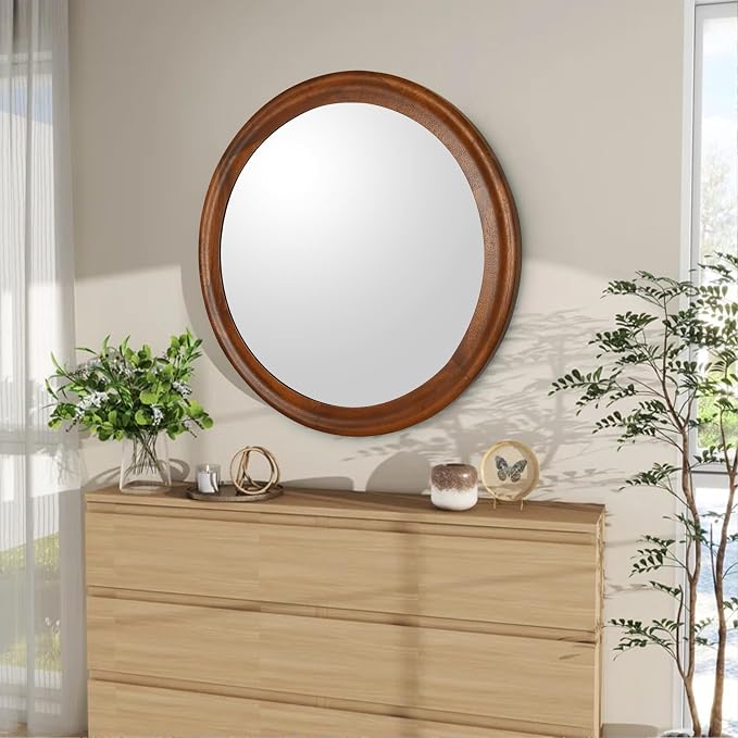 Round Wood Mirrors 30 Inch, Rustic Decorative Transitional Wall Mirror - Image 3