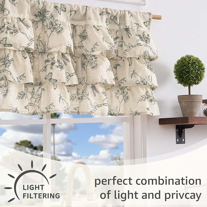 jinchan Ruffled Valance Curtain Linen Floral Kitchen Valance 18 Inch Shabby - Image 7