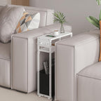 Leomonio White Side Table with Charging Station, Slim End Tables with Fabric - Image 4