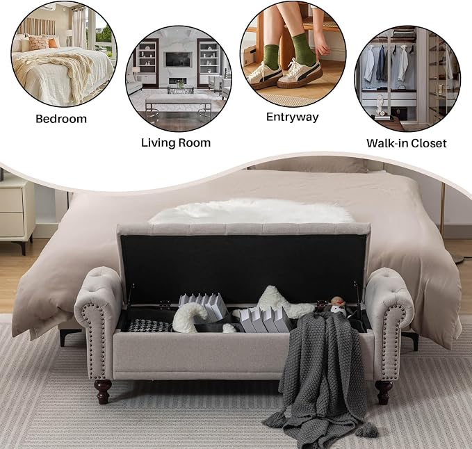 SOFTHION 58.1" Storage Bench Upholstered Linen End of Bedroom Bed Bench Ottoman - Image 7
