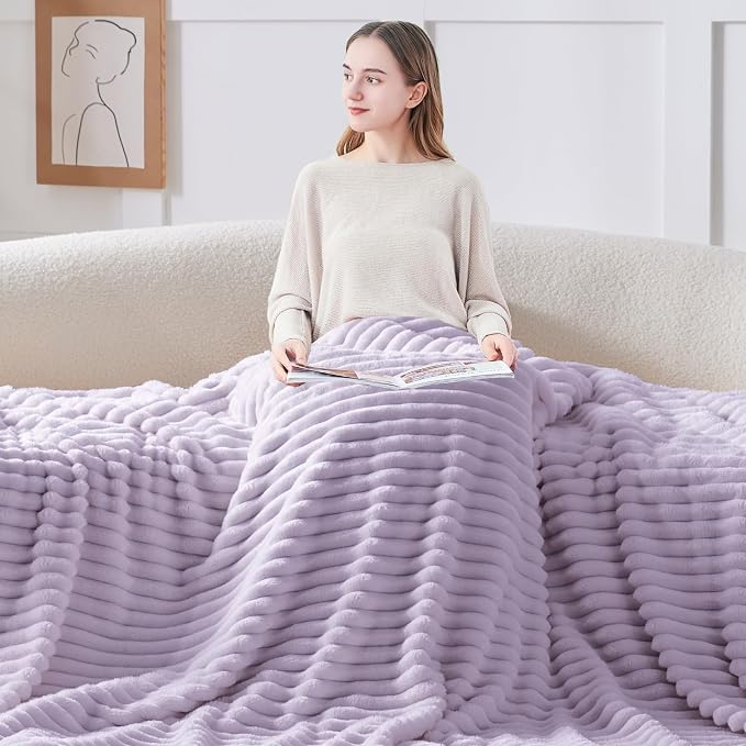 BEDELITE Striped Fleece Throw Blanket, Lavender Fog, Soft Cozy, Lightweight Warm - Image 3