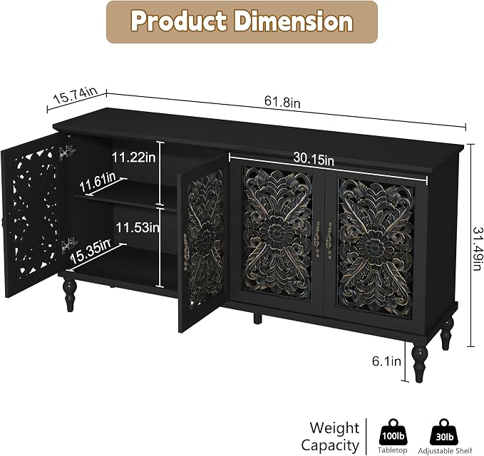 ARTPOWER 61.8" Hollow Carved Wood Accent Cabinet - Image 2