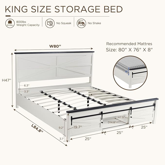 JXQTLINGMU King Farmhouse Wood Bed Frame - Image 2