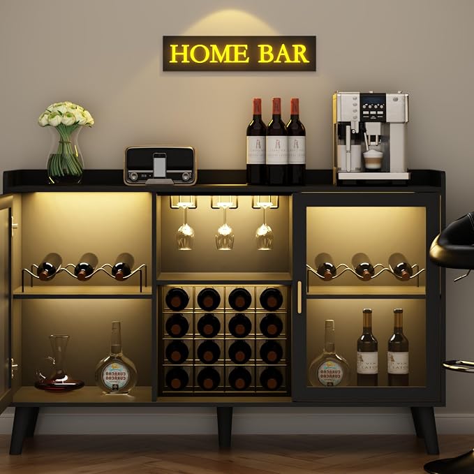 Loomie Wine Bar Cabinet with LED Light, Home Coffee Cabinet with Wine Rack and - Image 6
