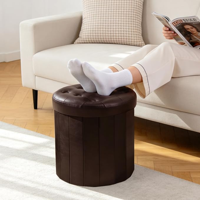 CAROLMADE Round Storage Ottoman, PU Leather Folding Footrest Stool - Image 2