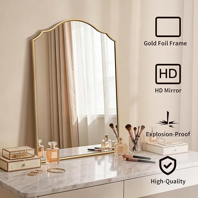 Besdomus Scalloped Gold Mirror for Bathroom: 24"x36" Minimalist Modern Arched - Image 2