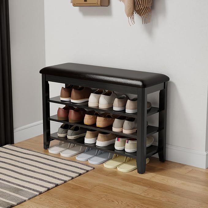 AQIMUELE Shoe Bench with Leather Cushion, 3 Tiers Shoe Storage Bench Height by AQIMUELE