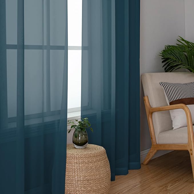 Teal Sheer Curtains 84 inches Long 2 Panels Set, Light Filtering Rod Pocket - Image 4