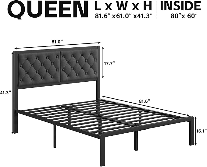 Fluest Queen Bed Frame with Headboard Linen Upholstered Bed Frame Platform - Image 2