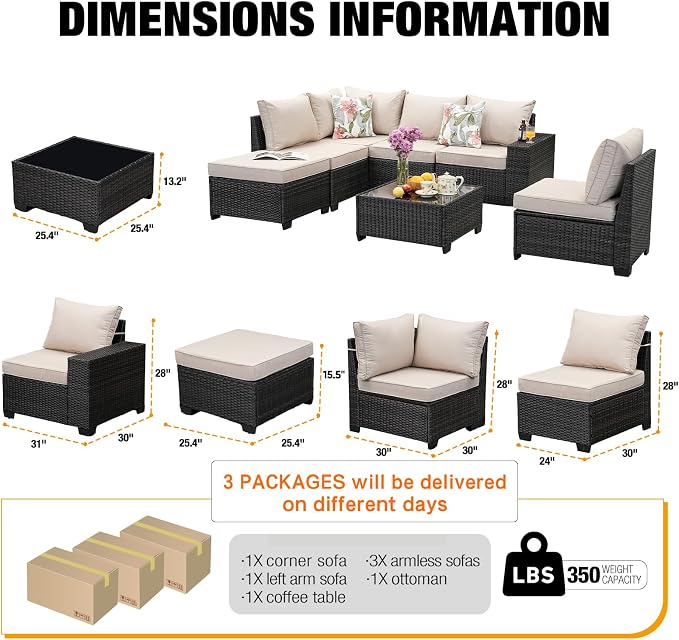 JOYURE 7 Pieces Patio Furniture Set All-Weather Outdoor Wicker Sectional - Image 5