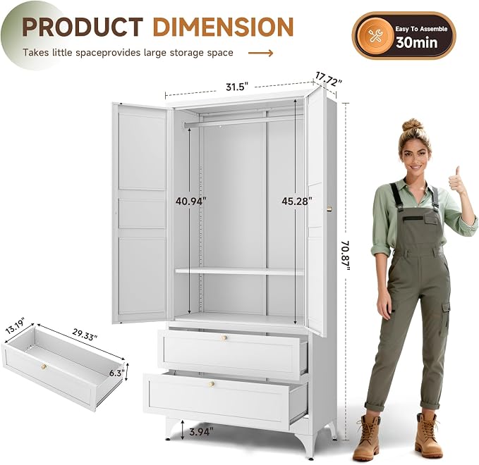 Letaya 71" Metal Wardrobe Cabinets - Image 3