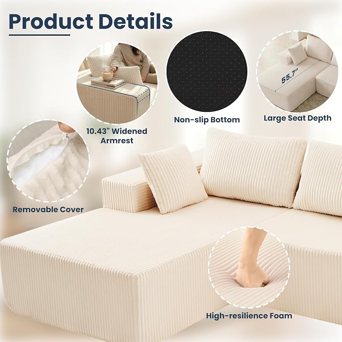 DUMOS 108" Boneless Couch, Cloud Sectional Couch - Image 5