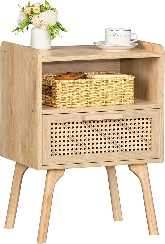 Lerliuo Rattan Nightstand, Boho Side Table by Lerliuo