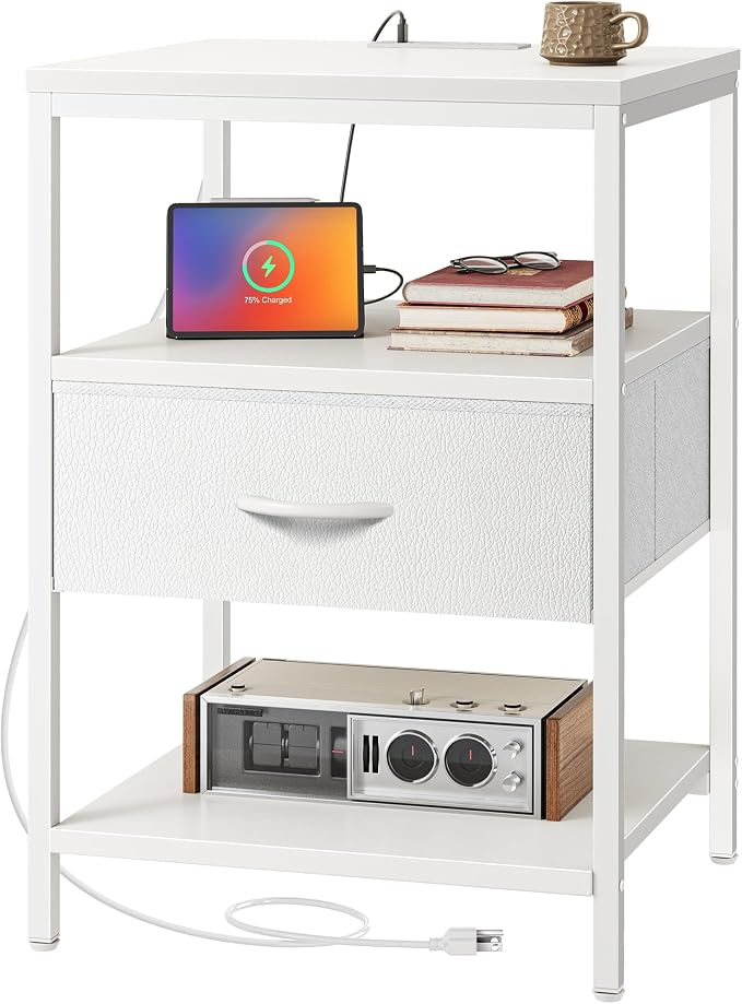 SUPERJARE Nightstand with Charging Station, 17.7 Inches Wider Side Table by SUPERJARE