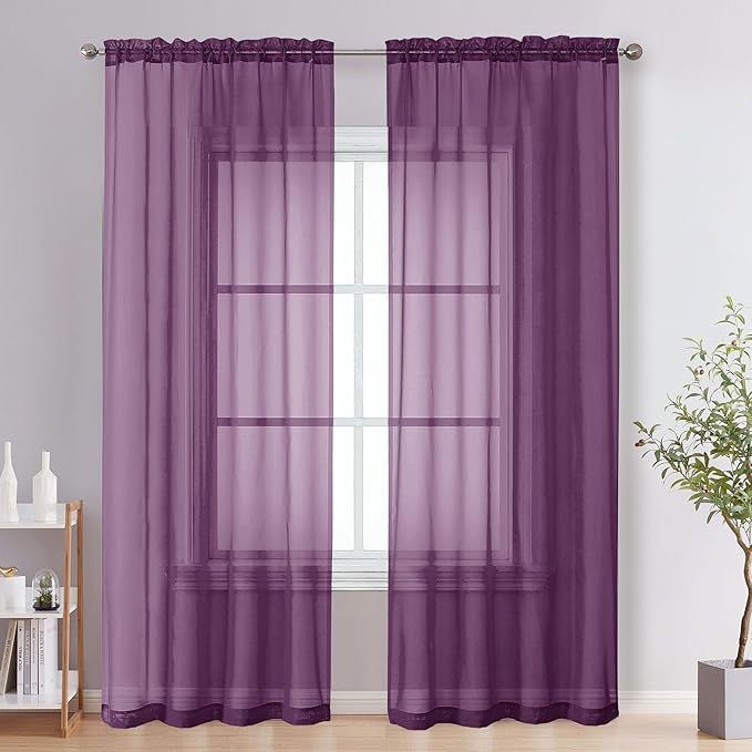 Plum Sheer Curtains 84 Inches Long 2 Panels by OVZME