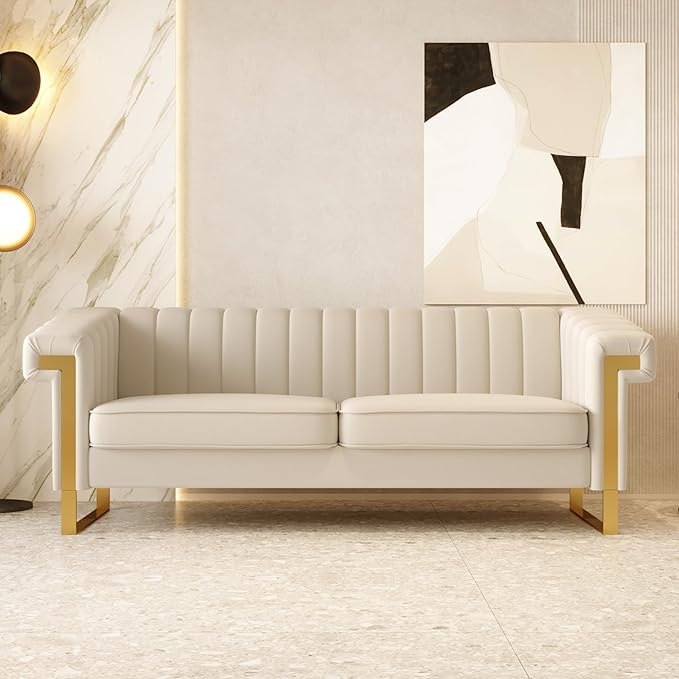 Mid-Century Modern Beige Velvet Sofa by yunqishiHOME