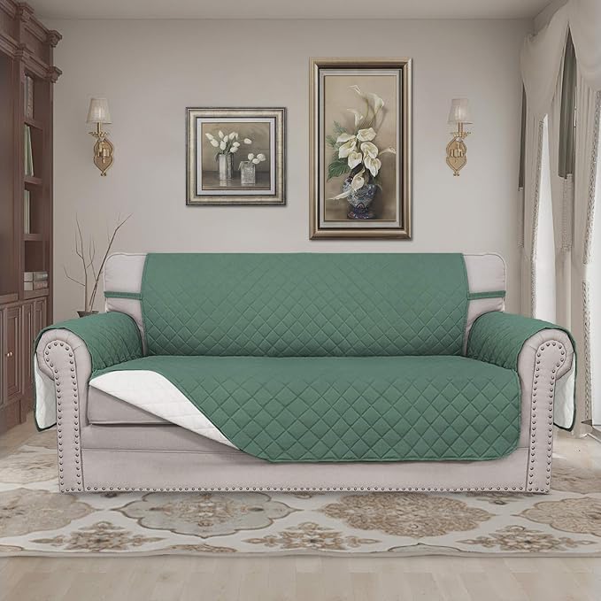 Easy-Going Reversible Couch Cover, 2 Cushion Sofa, Cyan/Ivory | Oversized - Image 2