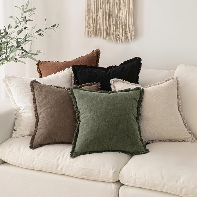 MIULEE Linen Fringe Decorative Fall Throw Pillow Covers Cocoa Brown 16x16 | Set - Image 6