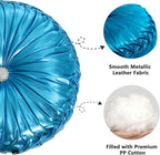 HIG Set of 2 Blue Metallic Leather Decorative Round Pleated Throw Pillows | - Image 3