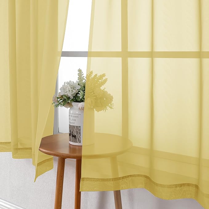 Yellow Sheer Curtains 54 Inch Length 2 Panels, Light Filtering Voile Curtain - Image 8