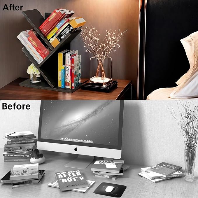 Godferyxin Tree Bookshelf, 3-Tier Wood Small Bookshelf and Mini Bookcase - Image 4